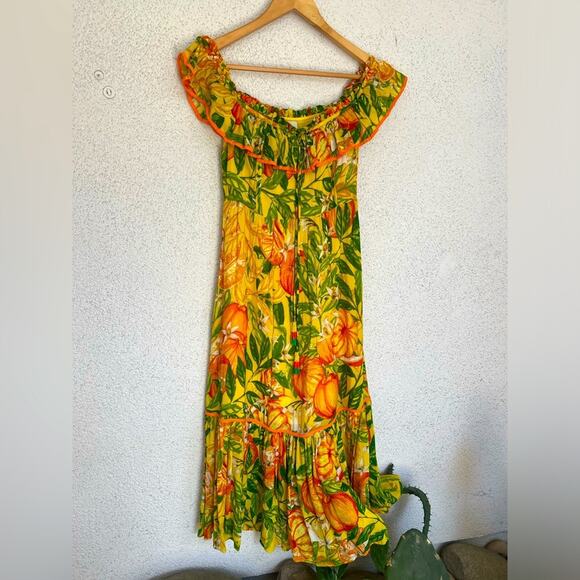 NWOT FARM Rio Tangerine Multi Off Shoulder Tropical Midi Dress XS “RARE" - Picture 11 of 12